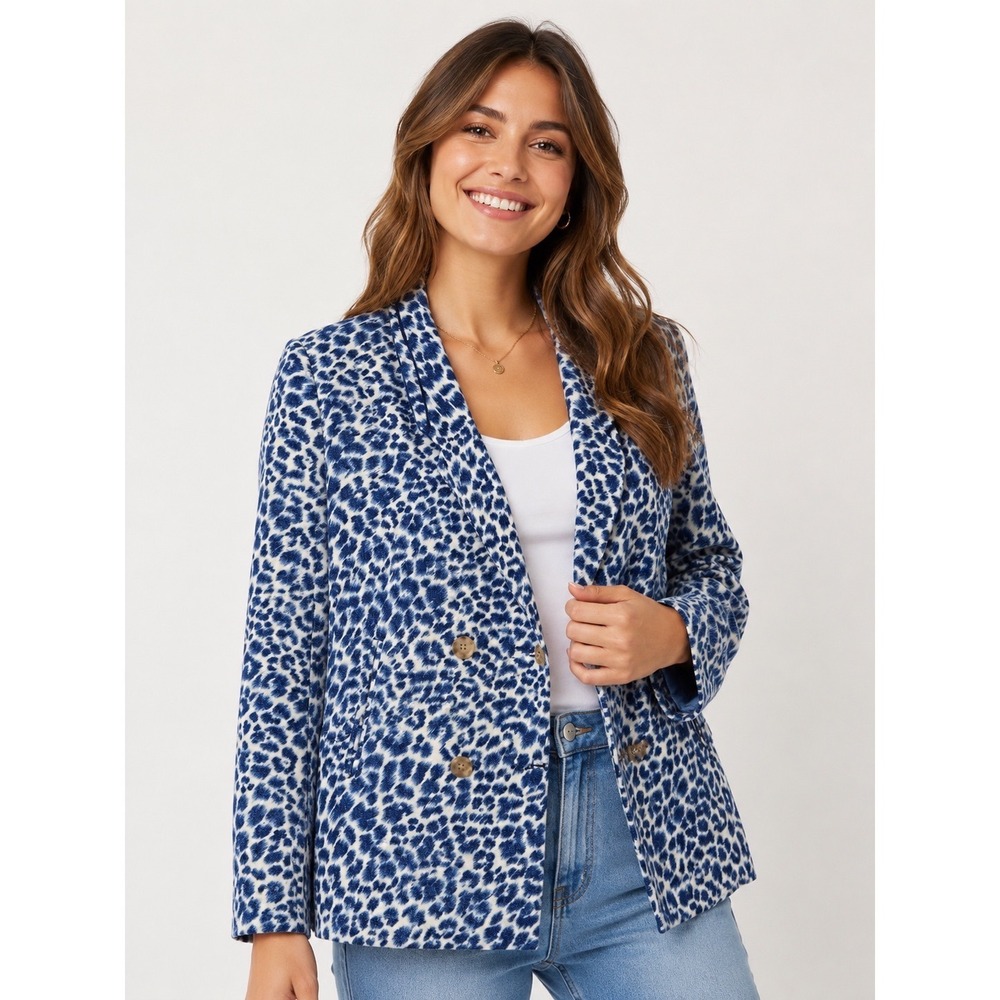 Cartonnier Anthropologie Blue Cream  Leopard Print Double Breasted Blazer XSP